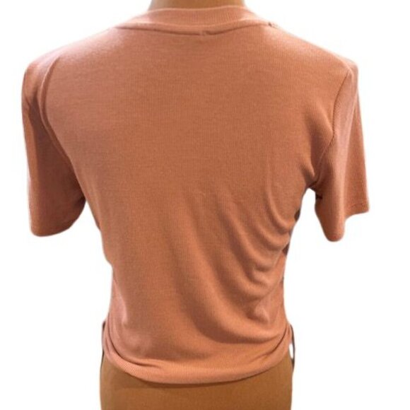 Zara Ribbed and Side Ruched Short Sleeve T-Shirt in Brown – Size Large - Picture 4 of 5